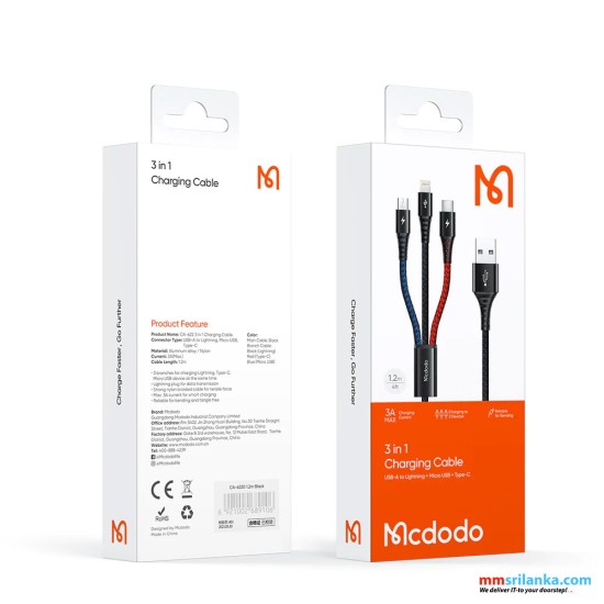 MCDODO 3 IN 1 USB TO TYPE-C,MICRO,LIGHTING 3A FAST CHARGING CABLE-(6M)