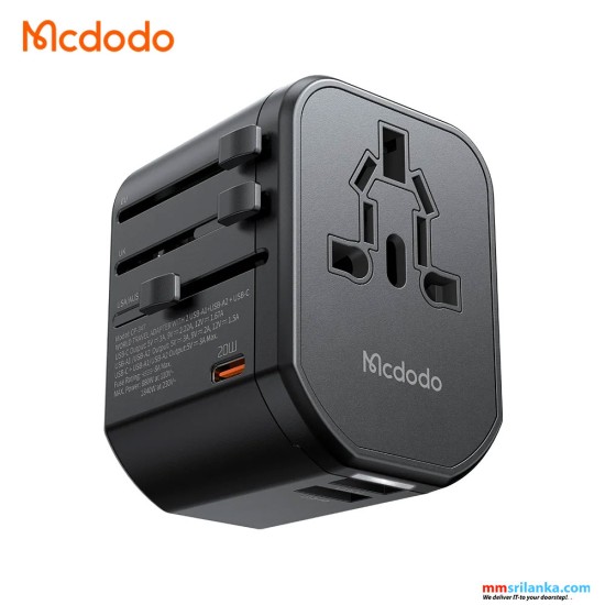 MCDODO UNIVERSAL TRAVEL ADAPTER DUAL USB+TYPE C PORTS 20W PD,EU/US/AU/UK-(6M)