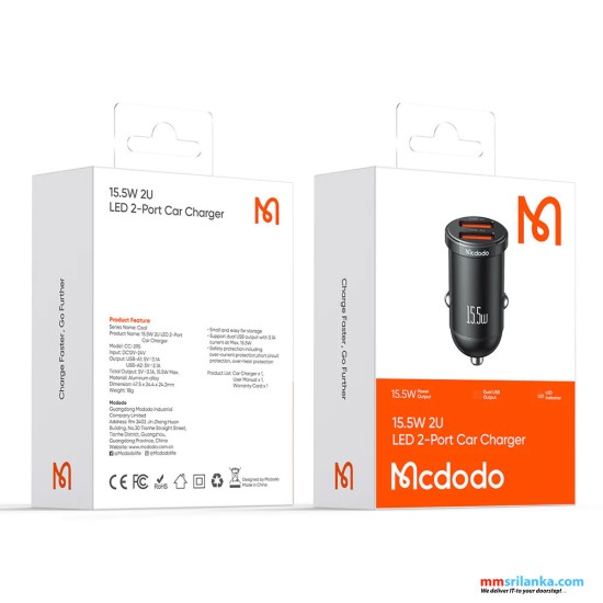 MCDODO 15.5W DUAL USB PORTS CAR CHARGER-(6M)