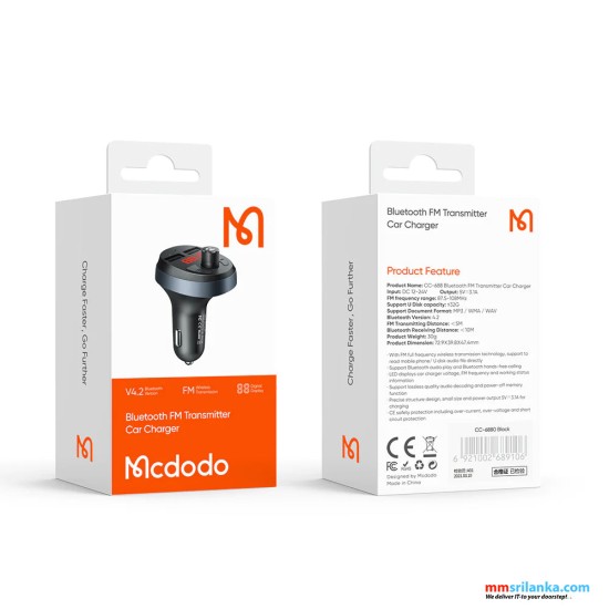 MCDODO BLUETOOTH FM TRANSMITTER CAR CHARGER 4.2V BLUETOOTH,DIGITAL DISPLAY-(6M)