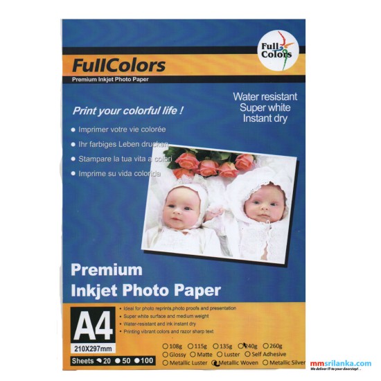 FULLCOLORS PREMIUM INKJET 240GSM METALLIC WOVEN A4 PHOTO PAPPER 20 SHEETS PACK 