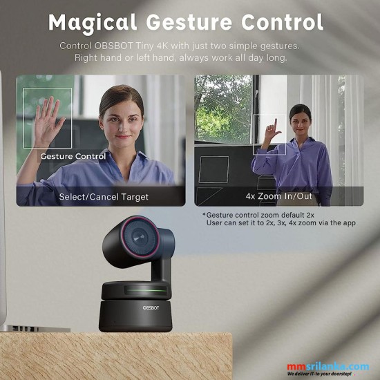 OBSBOT Tiny 4K PTZ Webcam, AI-Powered AI-Tracking Auto-Framing Gesture Control HDR 4K Webcam with Dual Omni-Directional Mic 4X Zoom in/Out for Video Meeting Remote Class Live Streaming (1Y)