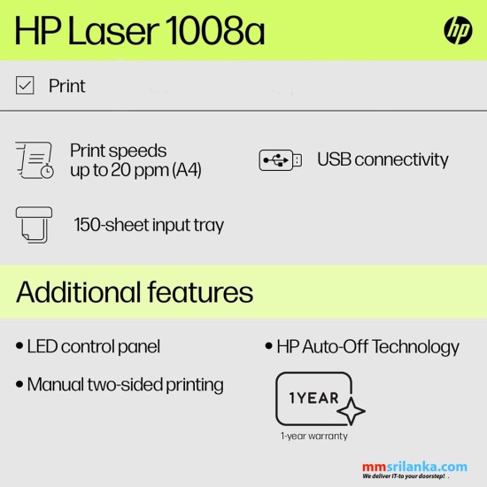 HP Laserjet 1008a Monochrome Printer with USB Connectivity (1Y)